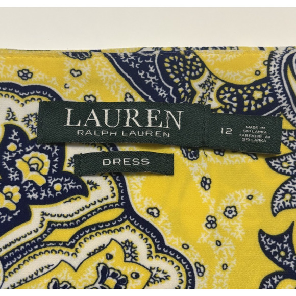 Lauren Ralph Lauren Wrap Ruched Dress Light Academia Stretchy Yellow Navy Sz 12 - Picture 4 of 8